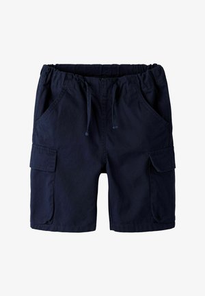 Marineblauwe katoenen cargoshorts met elastische tailleband, trekkoord, twee voorzakken en twee zijzakken met klep.