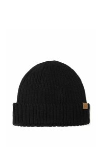 Black knitted beanie hat with a ribbed texture. Features a folded cuff and a small tan leather label on the side.