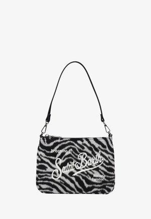 Borsa a tracolla bianca e nera a righe zebrate con testo bianco che recita "Sognando il paradiso invernale di Saint Barth" e tracolla nera rimovibile.