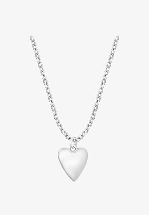 Zilveren ketting met een gladde, hartvormige hanger met een gepolijste afwerking. Accenten omvatten een ronde lusbevestiging.