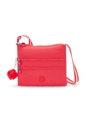 Rød nylon crossover-taske med tre lynlåslommer, aftagelig nøglering og justerbar, stribet skulderrem. Har logodetalje foran.