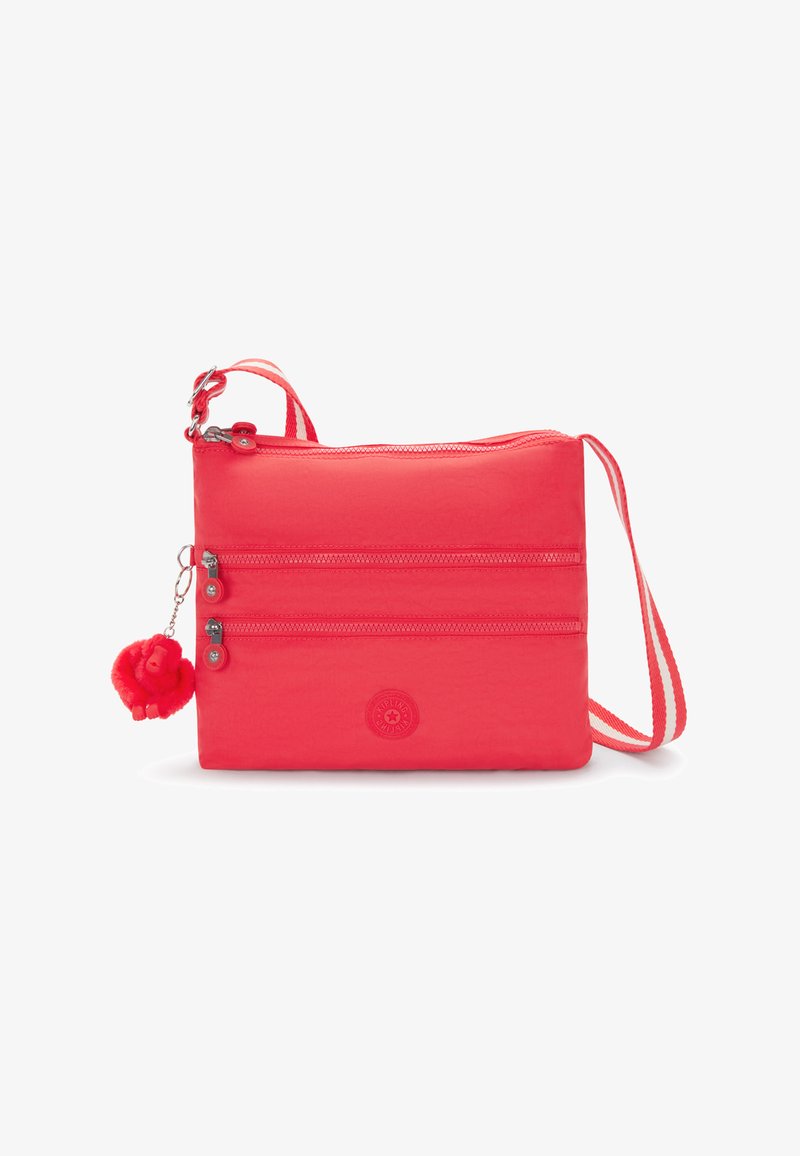 Rød nylon crossover-taske med tre lynlåslommer, aftagelig nøglering og justerbar, stribet skulderrem. Har logodetalje foran.