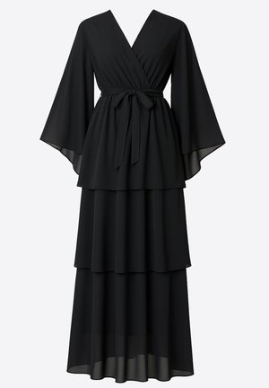Zwarte, gelaagde maxi-jurk gemaakt van lichtgewicht stof. Heeft een overslagontwerp, V-hals, lange klokmouwen en een tailleband.