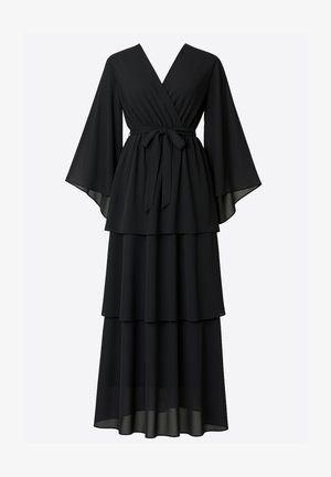 Zwarte, gelaagde maxi-jurk gemaakt van lichtgewicht stof. Heeft een overslagontwerp, V-hals, lange klokmouwen en een tailleband.