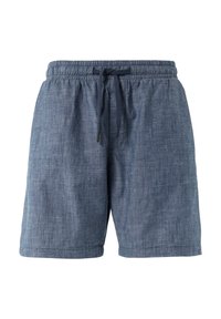 Shorts bleus en tissu léger avec une taille à cordon de serrage, présentant une finition texturée et un design simple. Pas de poches visibles.