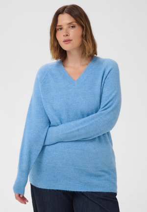 Vrouw met halflang bruin haar, die een lichtblauwe V-hals trui en een donkere broek draagt, poseert met één arm over haar lichaam.