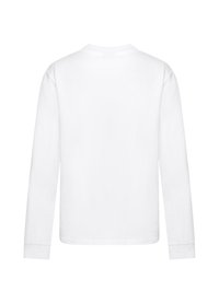 Langärmliges weißes T-Shirt aus Baumwolle. Runder Ausschnitt, gerade Saumabschlüsse und eingesetzte Ärmel. Glatte Textur ohne Muster oder Verzierungen.