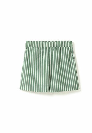 Zielono-białe, pionowo paskowane spodenki z elastycznym pasem i kieszeniami po bokach, przedstawione na białym tle.
