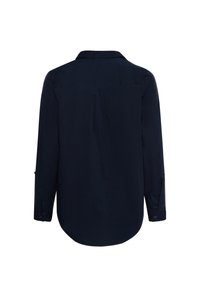 Camicia a maniche lunghe blu navy con colletto, polsini abbottonati e orlo curvo. Tessuto liscio senza motivi visibili. Vista posteriore mostrata.