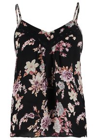 Černá květinová top s V-výstřihem a tenkými ramínky, zdobený růžovými, fialovými a šedými květinami, s texturovaným krajkovým lemem.