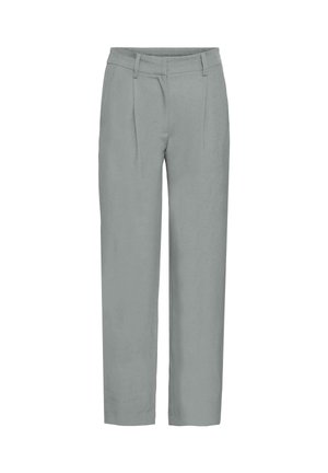 Világosszürke vászonnadrág egyenes szabással, redőkkel, gumis derékpánttal, látható zsebek és díszítés nélkül.