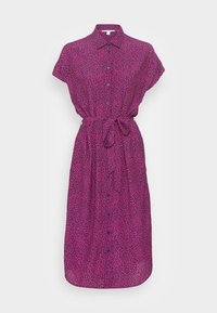 Vestito abbottonato di un vivace color rosa con un design a fantasia. Presenta maniche corte, una vita legata e una vestibilità comoda. Realizzato in tessuto leggero.