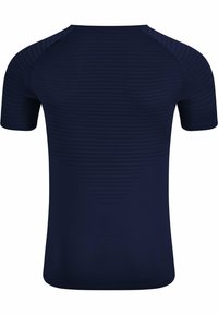 Navy blue short-sleeve athletic shirt featuring textured stripes, a fitted design, and smooth fabric. No visible logos or embellishments.