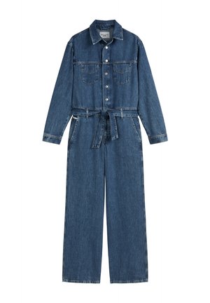 Denim overall in donkerblauw, met een knoopsluiting aan de bovenkant, lange mouwen, twee borstzakken, wijdere pijpen en een bijpassende stoffen riem.
