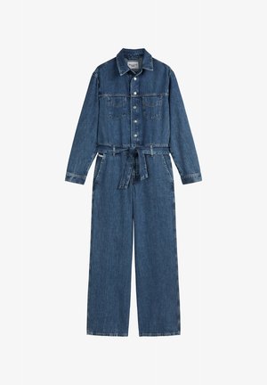 Denim overall in donkerblauw, met een knoopsluiting aan de bovenkant, lange mouwen, twee borstzakken, wijdere pijpen en een bijpassende stoffen riem.