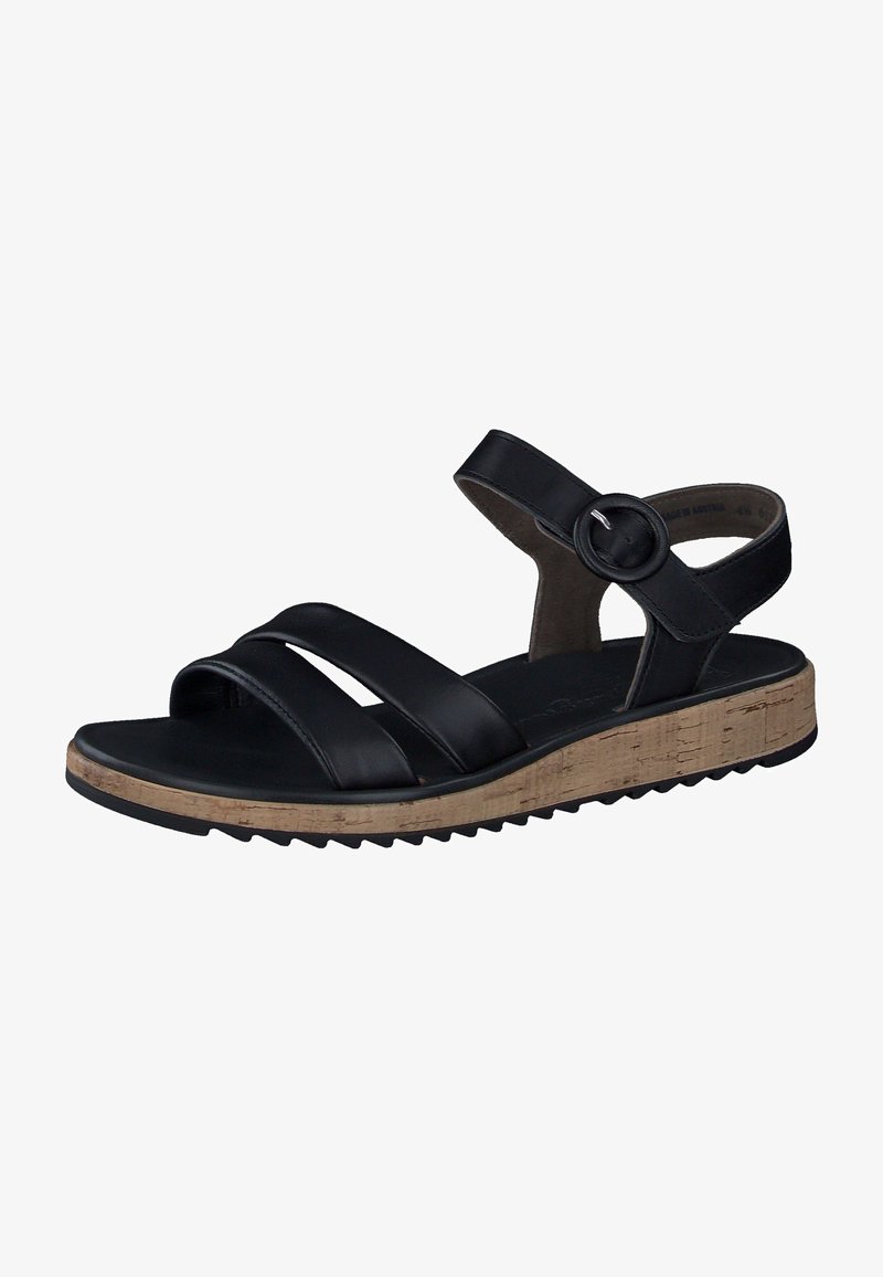 Sandal de couro preto com três tiras, fivela ajustável e sola de cortiça texturizada. Apresenta uma base plana e tração de borracha para aderência.