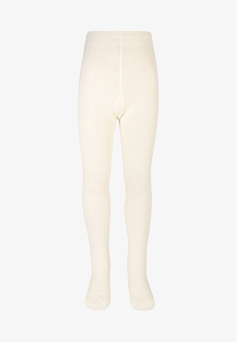 Collants côtelés de couleur crème avec une texture lisse, dotés d'une taille confortable et d'un design sans couture au niveau des orteils.