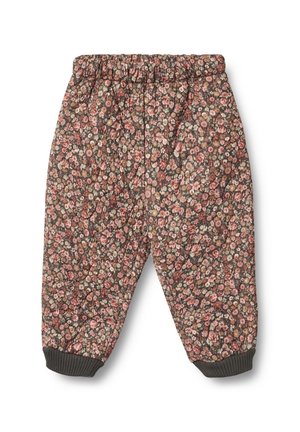 Graue Baumwollhosen mit floralem Druck, elastischem Bund und gerippten Bündchen. Sie zeigen kleine, bunte Blumen in einem gemischten Muster.