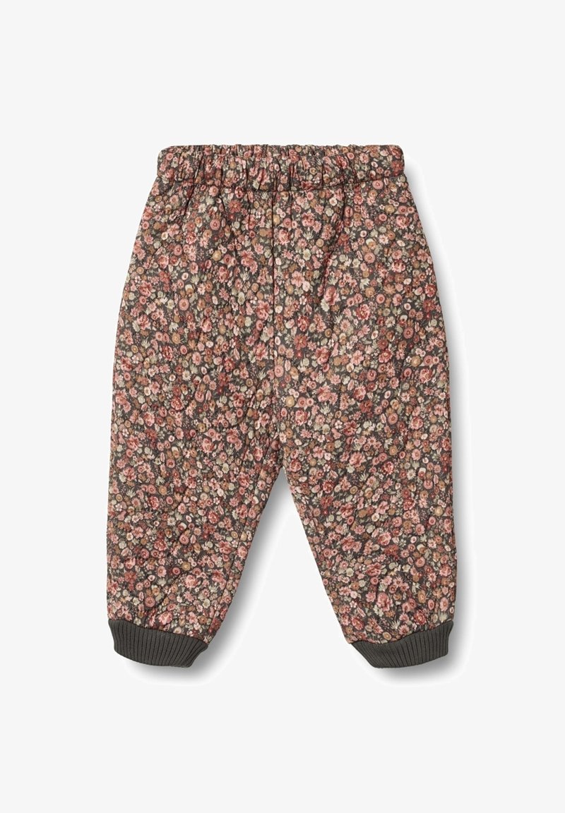 Pantalon en coton gris à imprimé floral avec une taille élastique et des poignets côtelés. Présente de petites fleurs colorées dans un motif mixte.