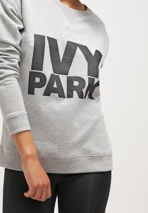 Osoba ubrana w jasnoszarą bluzę z dużym czarnym napisem „IVY PARK” na piersi oraz czarne dopasowane spodnie.