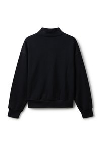 Maglione nero con collo alto, maniche lunghe e polsini a coste. Realizzato in tessuto morbido e strutturato con orlo corto.