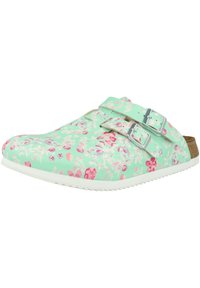 Floral-patterned clogs in mint green, featuring two adjustable silver buckles, a cork footbed, and white rubber soles.