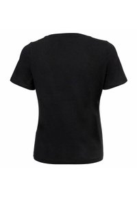 Musta lyhythihainen T-paita, valmistettu pehmeästä puuvillasta, jossa on klassinen pyöreä pääntie ja sileä kuitu ilman lisäyksiköitä.