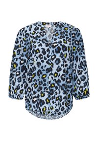 Bluzka w panterkę w jasnoniebieskim kolorze z czarnymi i żółtymi akcentami. Posiada dekolt w serek i rękawy o długości trzech ćwierć. Gładki, lekki materiał.
