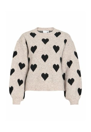 Pull beige en maille avec des motifs de cœurs noirs répartis uniformément sur le devant et les manches, doté de poignets et d'un ourlet côtelés.