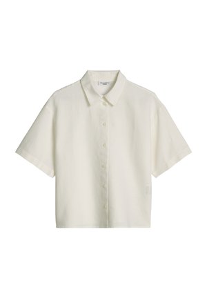 Chemise à manches courtes blanc cassé avec col classique, ourlet droit et six boutons sur le devant.