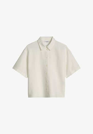 Kurzärmliges, off-white Hemd mit klassischem Kragen, geradem Saum und sechs Knöpfen vorne.