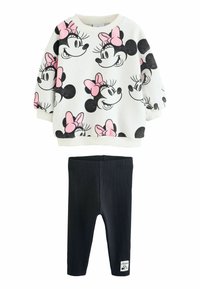 Ensemble sweat-shirt et legging. Pull blanc avec impression Minnie Mouse noire et rose ; poignets côtelés. Leggings noirs côtelés avec étiquette de logo.