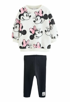 Kapuutsiga ja retuuside komplekt. Valge pullover musta ja roosa Minnie Mouse printiga; soonikkoes varrukad. Mustad soonikkoes retuusid logo sildiga.