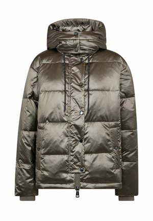 Padded olive green winter jacket with hood, front zipper and snap buttons, two front pockets, and ribbed cuffs.