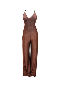 Bronzen glinsterende jumpsuit met een diepe V-hals, dunne bandjes en wijd uitlopende pijpen. Soepele textuur met een nauwsluitend lijfje en een elastische taille.
