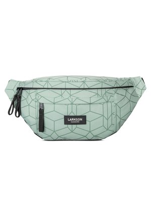 Lichtgroene heuptas met geometrisch patroon, zwarte ritsen, voorkantvak en "Larkson Hamburg" label.