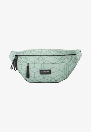 Lichtgroene heuptas met geometrisch patroon, zwarte ritsen, voorkantvak en "Larkson Hamburg" label.