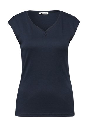 Haut pour femme bleu marine à manches courtes avec col en V, deux petits boutons sous l'encolure, et étiquette "Street One" à l'intérieur du col.