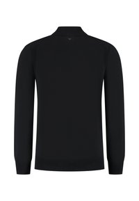 Schwarzer gestrickter Pullover mit Kragen, langen Ärmeln, gerippten Bündchen und Saum. Verfügt über ein elegantes Design ohne sichtbare Muster oder Hardware.