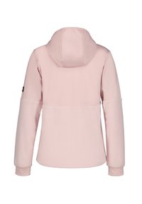 Veste à capuche rose clair avec une couche extérieure lisse et un intérieur en fleece doux. Elle a des manches longues et une couture dans le dos.