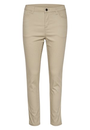 Pantaloni beige in misto cotone con design aderente, cinque tasche, chiusura frontale con bottoni e dettagli di cuciture sottili.