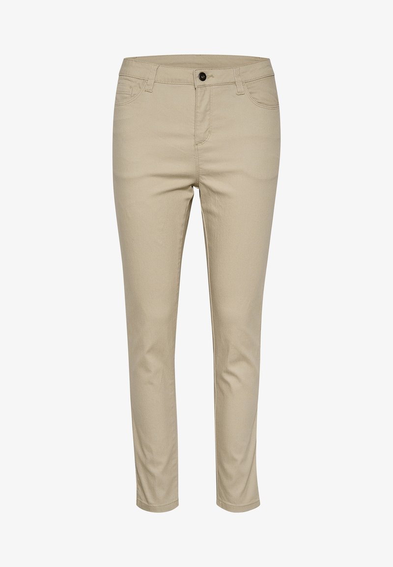 Pantalones beige de mezcla de algodón con diseño ajustado, cinco bolsillos, cierre frontal con botón y detalles de costura sutiles.