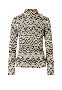 Langarmshirt mit hohem Kragen, strukturiertem Stoff mit Zickzack-Mustern in Schwarz und Beige sowie einer taillierten Passform.