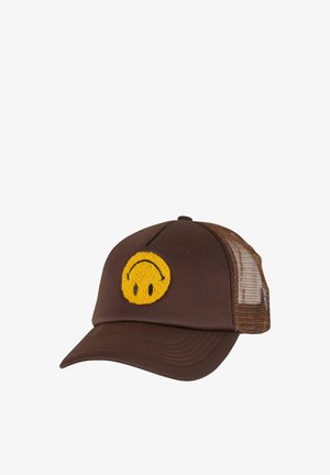 Brown cap with mesh sides featuring a textured yellow smiley face embroidery on the front. Curved visor and adjustable back strap.