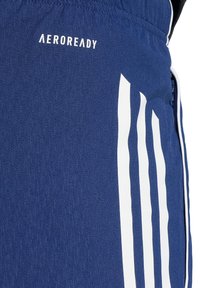 Blauwe sportshorts van ademend materiaal, met een witte branding en drie verticale strepen aan de zijkant, met een gestructureerde afwerking.