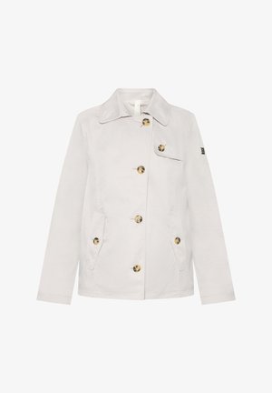 Veste gris clair avec col, coupe croisée, quatre poches avant et boutons dorés. Texture lisse et coupe ajustée.