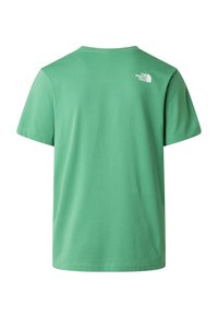 T-shirt vert à manches courtes en coton doux, avec un col rond et le logo de The North Face sur le haut du dos.