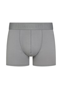 Gray boxer briefs with a branded waistband. Made from soft fabric, featuring a fitted cut and flatlock seams for comfort.