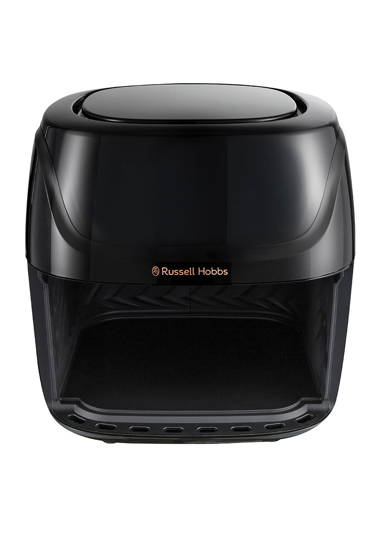 Friggitrice ad aria nera con cima arrotondata, finitura liscia, pannello frontale trasparente e fori di ventilazione alla base. Logo del marchio visibile.