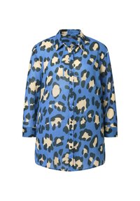 Camicia a maniche lunghe blu con bottoni, caratterizzata da un motivo astratto di maculato leopardato beige e verde scuro.